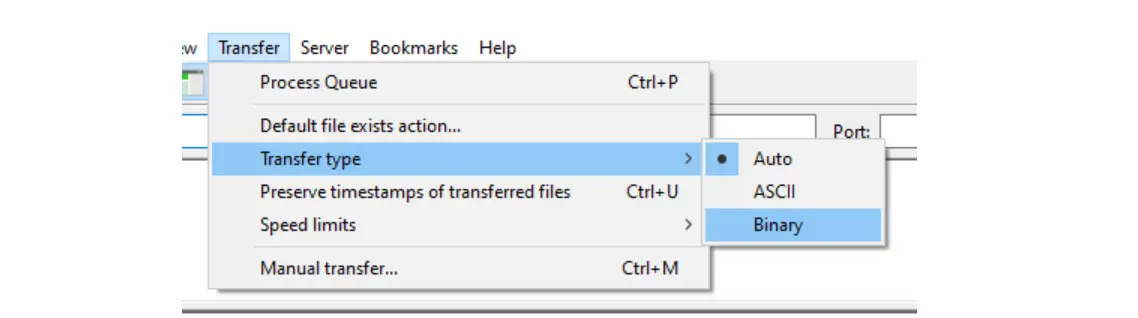 FileZilla Binary mód beállítása